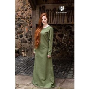 Moss Green Viking Underdress worn by a woman with long red hair - Women's Viking Dresses - Wyrdraven - wyrdraven.co.uk