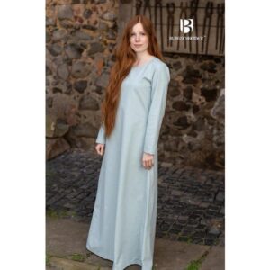 Sky Blue Viking Underdress worn by a woman with long red hair - Women's Viking Dresses - Wyrdraven - wyrdraven.co.uk