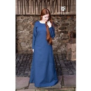 Woad Blue Viking Underdress worn by a woman with long red hair - Viking Dresses - Wyrdraven - wyrdraven.co.uk