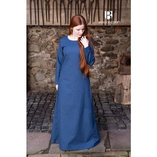 Woad Blue Viking Underdress worn by a woman with long red hair - Viking Dresses - Wyrdraven - wyrdraven.co.uk