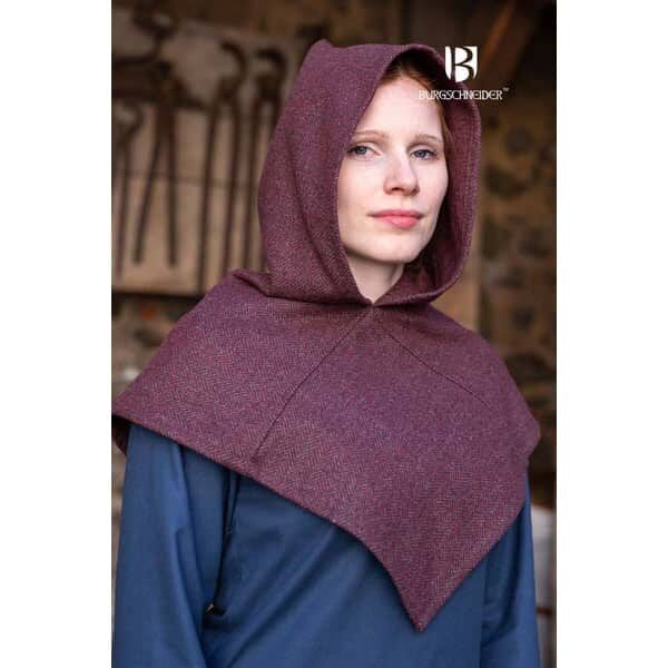 Burgundy Grey Herringbone Wool Viking Hood - Viking Hoods - Wyrdraven - wyrdraven.co.uk