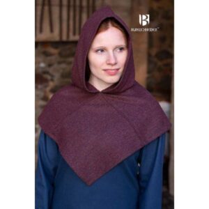 Burgundy Grey Herringbone Wool Viking Hood - Viking Hoods - Wyrdraven - wyrdraven.co.uk