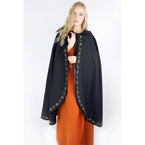 Embroidered Wool Cape Black - Viking Cloaks - Viking Coats - Viking Wraps - Wyrdraven Cloaks - www.wyrdraven.co.uk