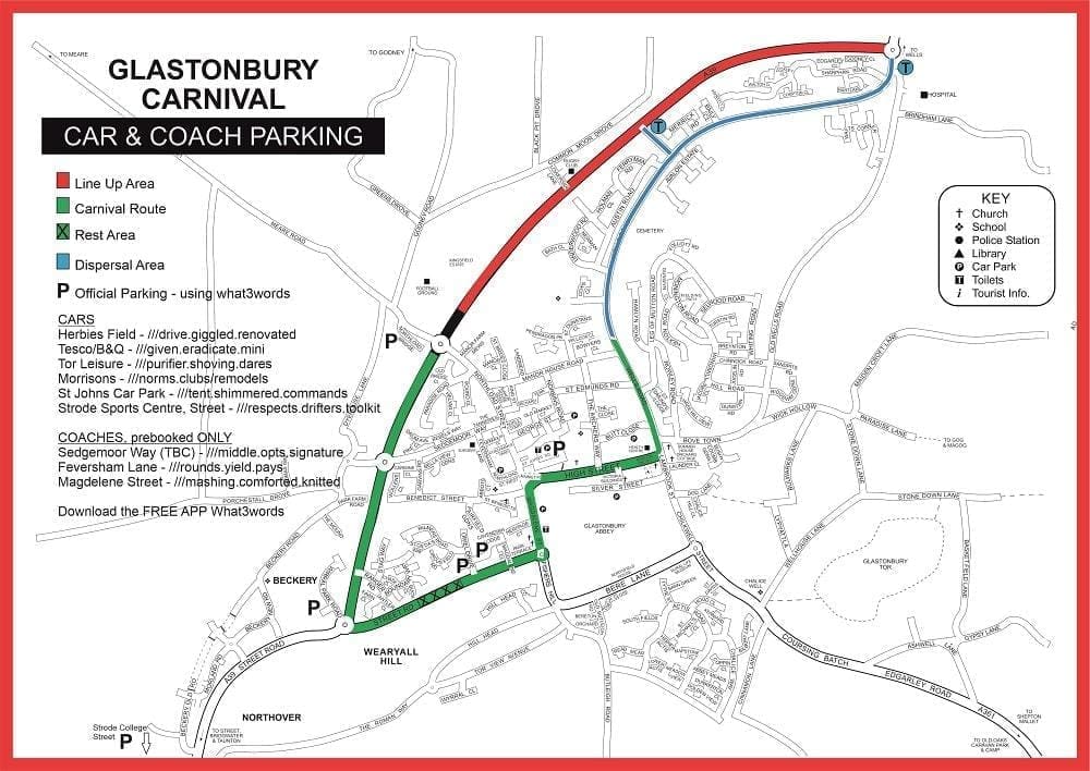 Glastonbury Carnival Parking Map - Events in Glastonbury - Wyrdraven -wyrdraven.co.uk