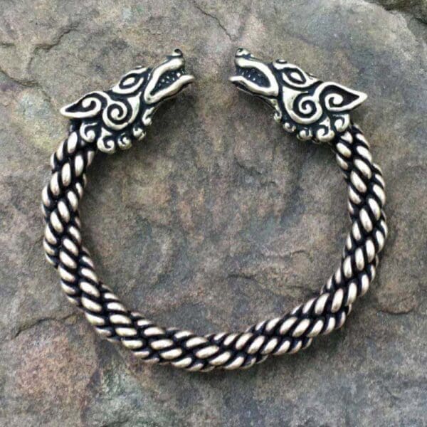 Crafty Celts Bronze Wolf Head Bracelet Heavy Braid - Wyrdraven Jewellery -www.wyrdraven.co.uk