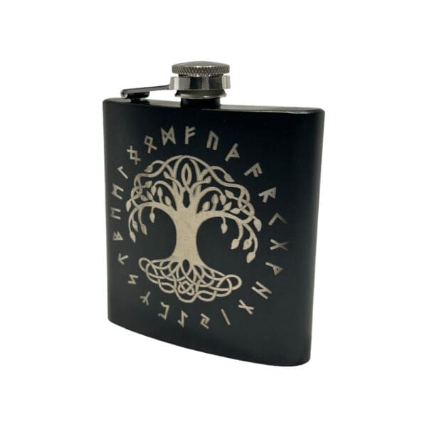 Stainless Steel Yggdrasil Rune Ring Hip Flask - Wyrdraven Hip Flasks - www.wyrdraven.co.uk