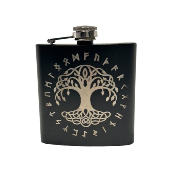 Stainless Steel Yggdrasil Rune Ring Hip Flask - Wyrdraven Hip Flasks - www.wyrdraven.co.uk